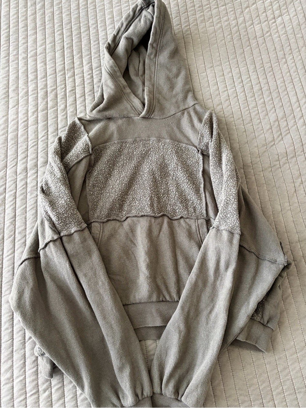 aerie Sherpa Patchwork Hoodie Mixed Media Oversized Gray Pullover Sweatshirt L - Picture 2 of 10